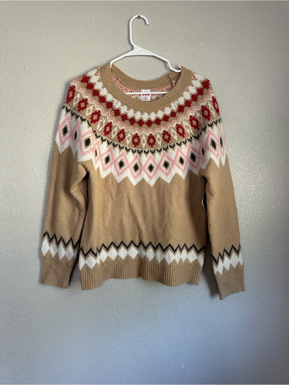 NWT Walmart Holiday Time Tan Multicolored Long Sleeve Sweater Top